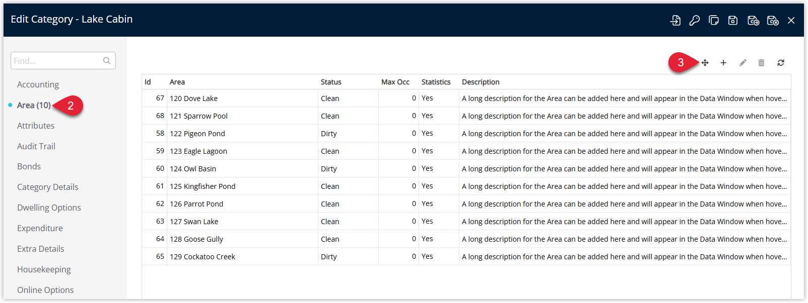 RMS Category edit window on the Area tab listing all areas in the category with the Move button selected to begin moving an area to another category.