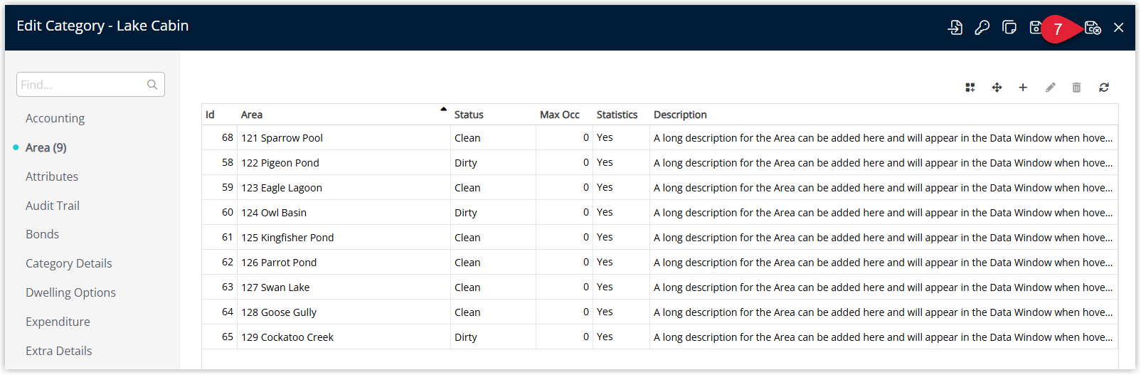 RMS Category edit window showing updated area assignments with the Save/Exit button selected to store the category move changes.