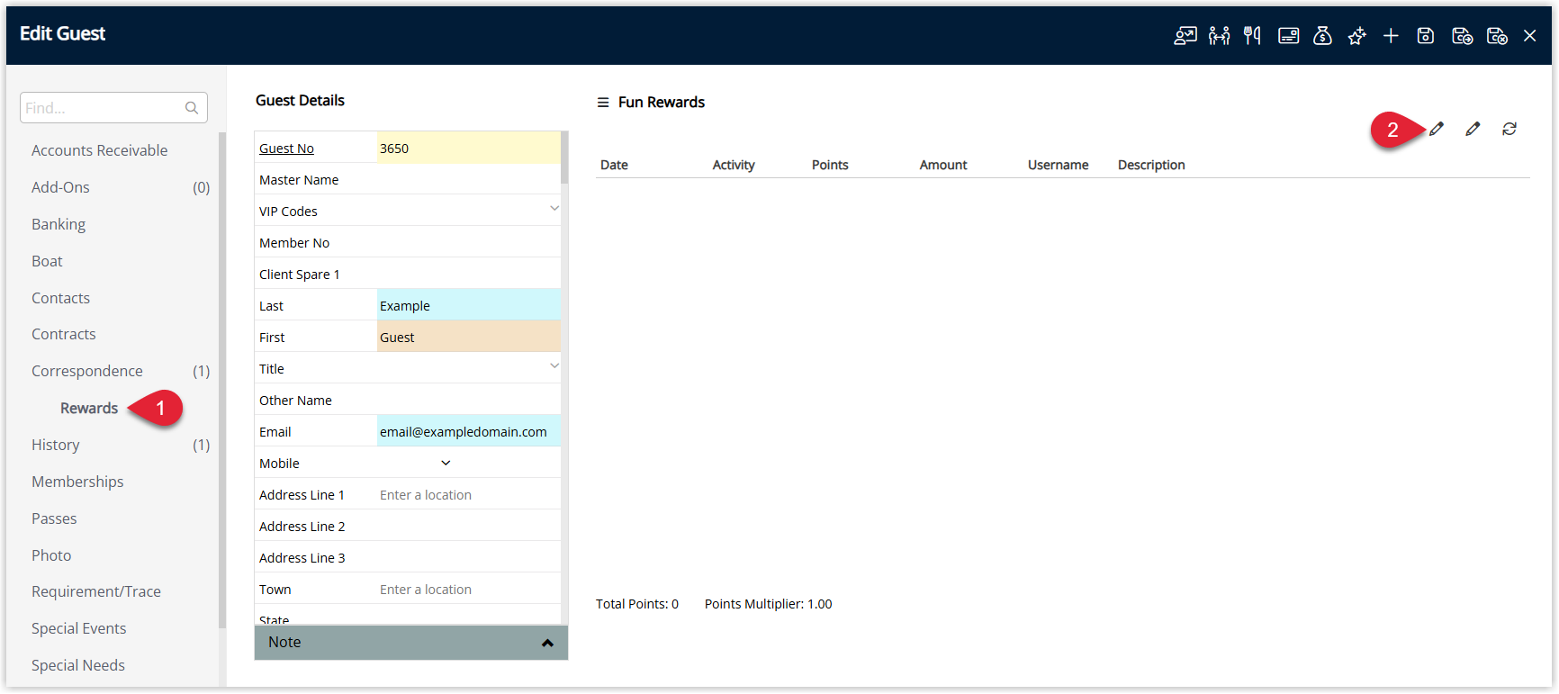 Guest Profile screen in RMS on the Loyalty tab showing current reward points and an Adjust Points button to manually change the guest’s points balance