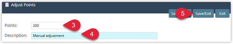 Adjust Points popup window with fields to enter the number of reward points to add or deduct, a description of the adjustment and a Save/Exit button