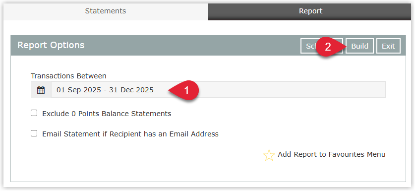 RMS Guest Loyalty by Points Bulk Statements screen showing options to select a date range, Exclude 0 Points Balance Statements, and Email Statement if Recipient has an Email Address, with the Build button highlighted to generate loyalty points statements for all eligible guests.