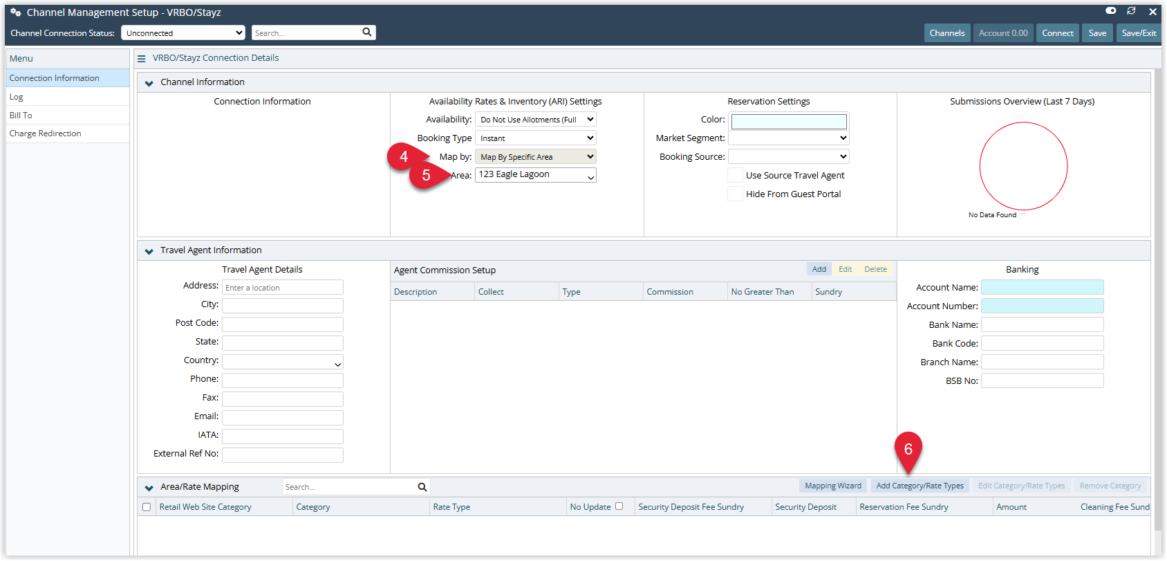Channel connection setup screen in RMS displaying mapping options with ‘Map by Specific Area’ selected, an Area chosen from a list, optional Connection Information fields, and an ‘Add Categories/Rate Types’ button highlighted.