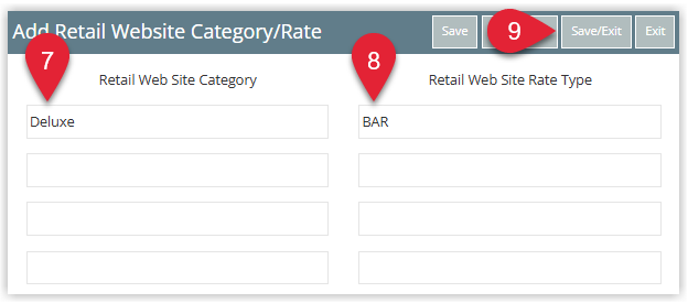 Area mapping detail window in RMS showing fields for Retail Website Category and Retail Website Rate Type populated for the selected area, with a Save/Exit button to store the mapping.