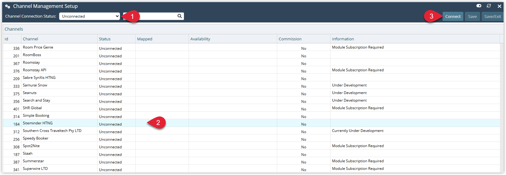 Channel Management screen in RMS with the view set to ‘Unconnected’, showing a list of channels where one channel is selected and the Connect button highlighted to start setting up the connection.
