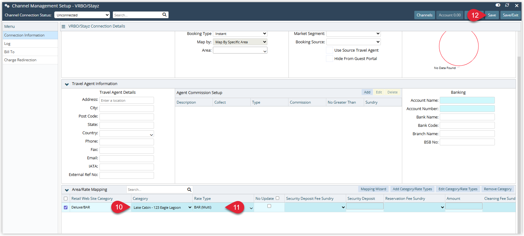 Channel area mapping screen in RMS listing mapped Areas with dropdowns to select the RMS Category, Rate Type and optional additional fee settings for each, and a Save button highlighted to confirm the mappings.