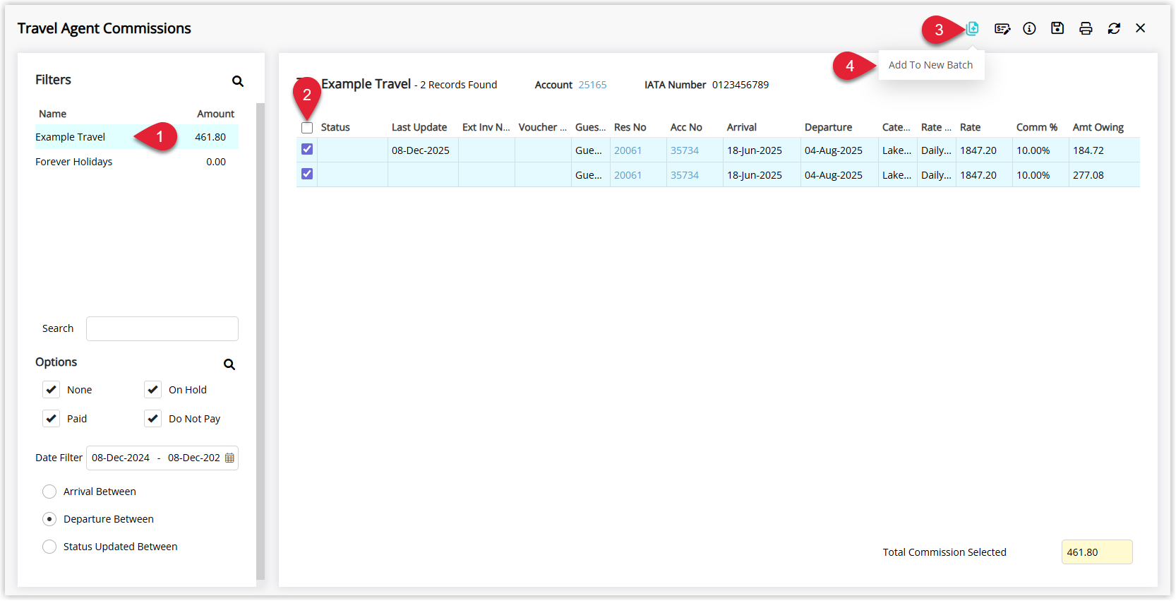 Screenshot of the Travel Agent Commissions screen in RMS showing a Travel Agent selected, multiple commission records ticked, and the Batch icon menu open with Add to New Batch chosen.