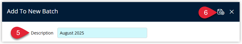 Annotated screenshot of the Add To New Batch dialog in RMS showing the Description field