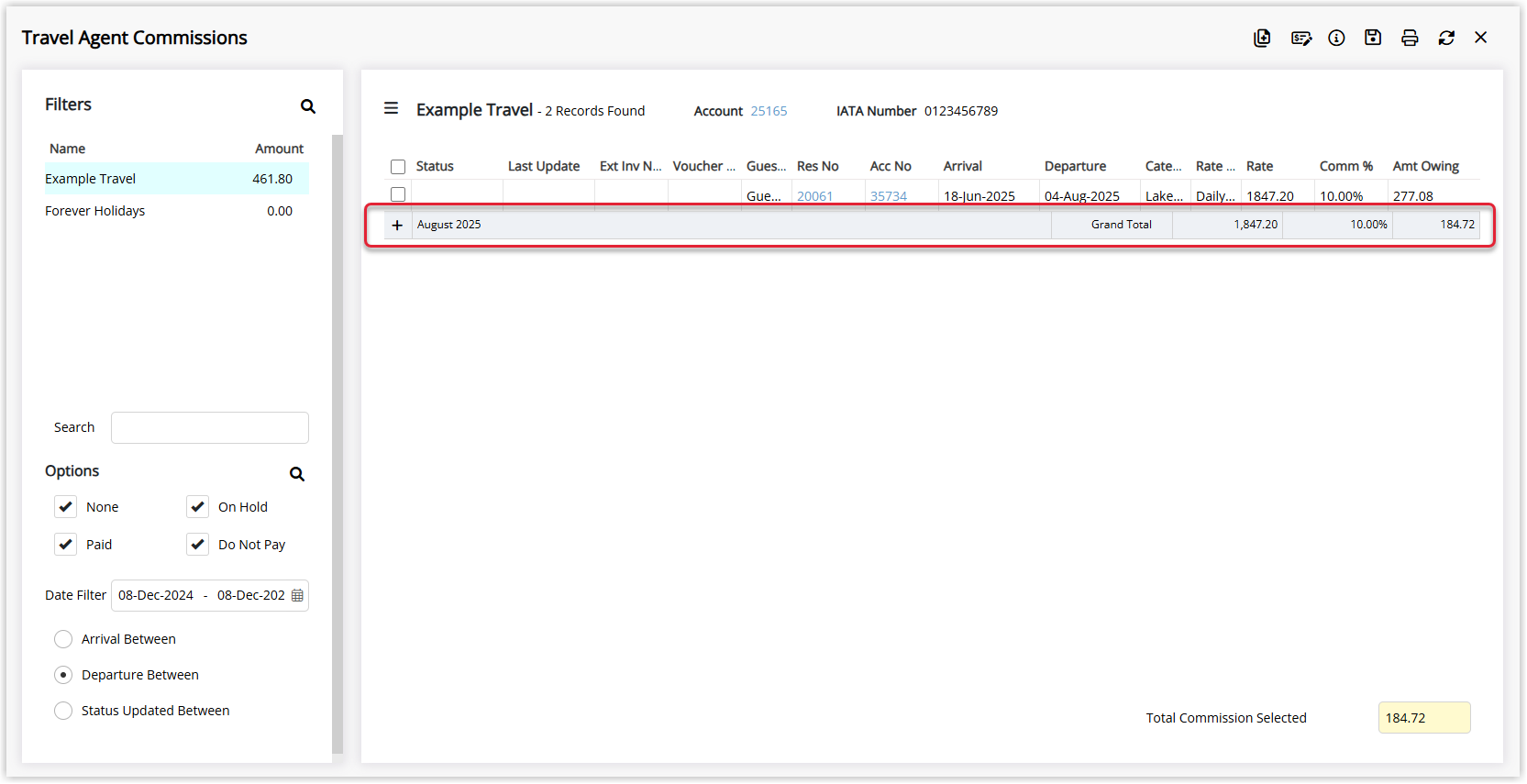 Screenshot of the Travel Agent Commissions screen in RMS with Batch View enabled, showing commission records grouped under a batch description with expand and collapse controls for viewing all related commission amounts.