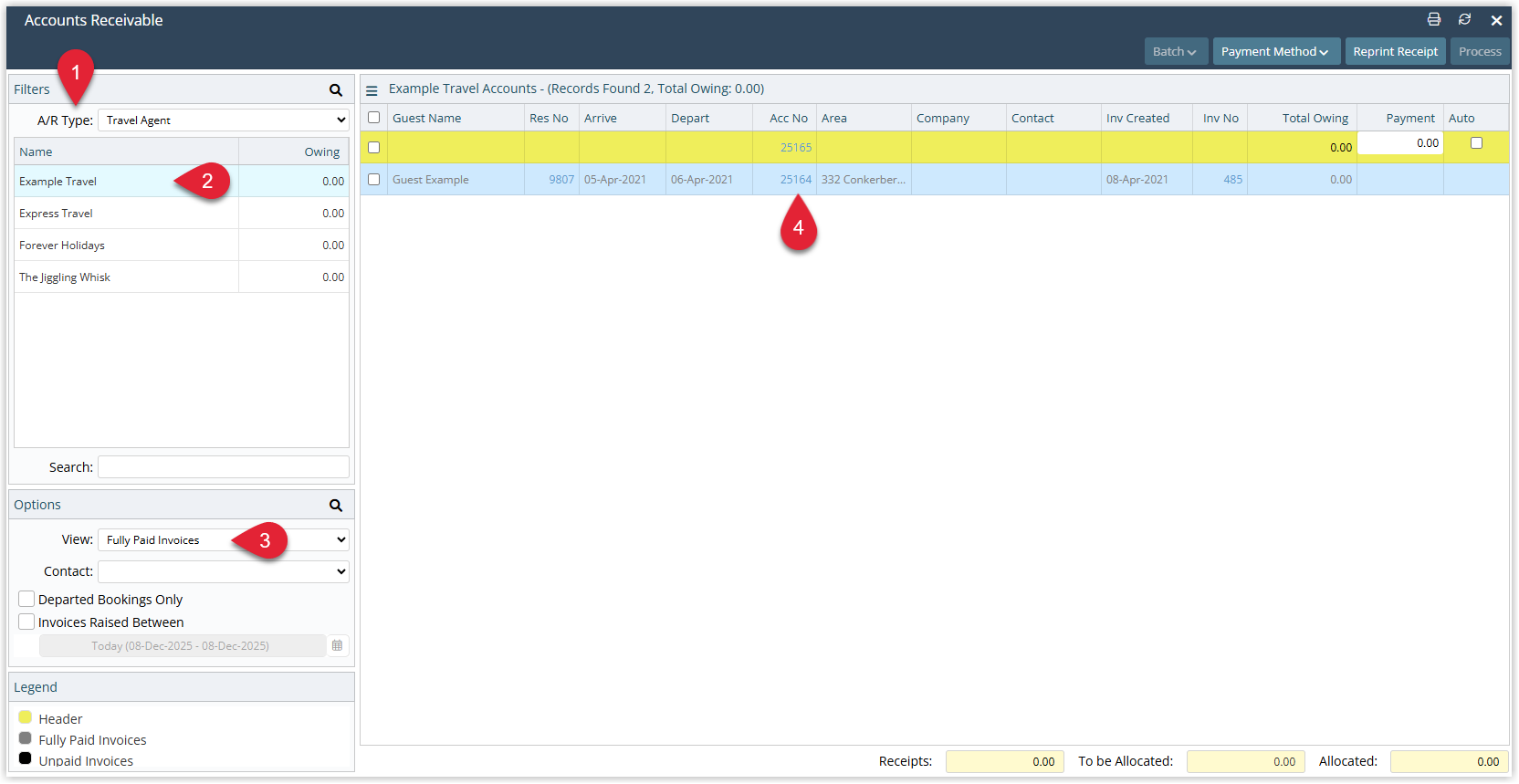 RMS Accounts Receivable screen showing A/R Type selected as Company, a specific Company chosen, the Fully Paid Invoices option selected instead of All Invoices, and a list of Tax Invoices with their account numbers available to open for detailed viewing.