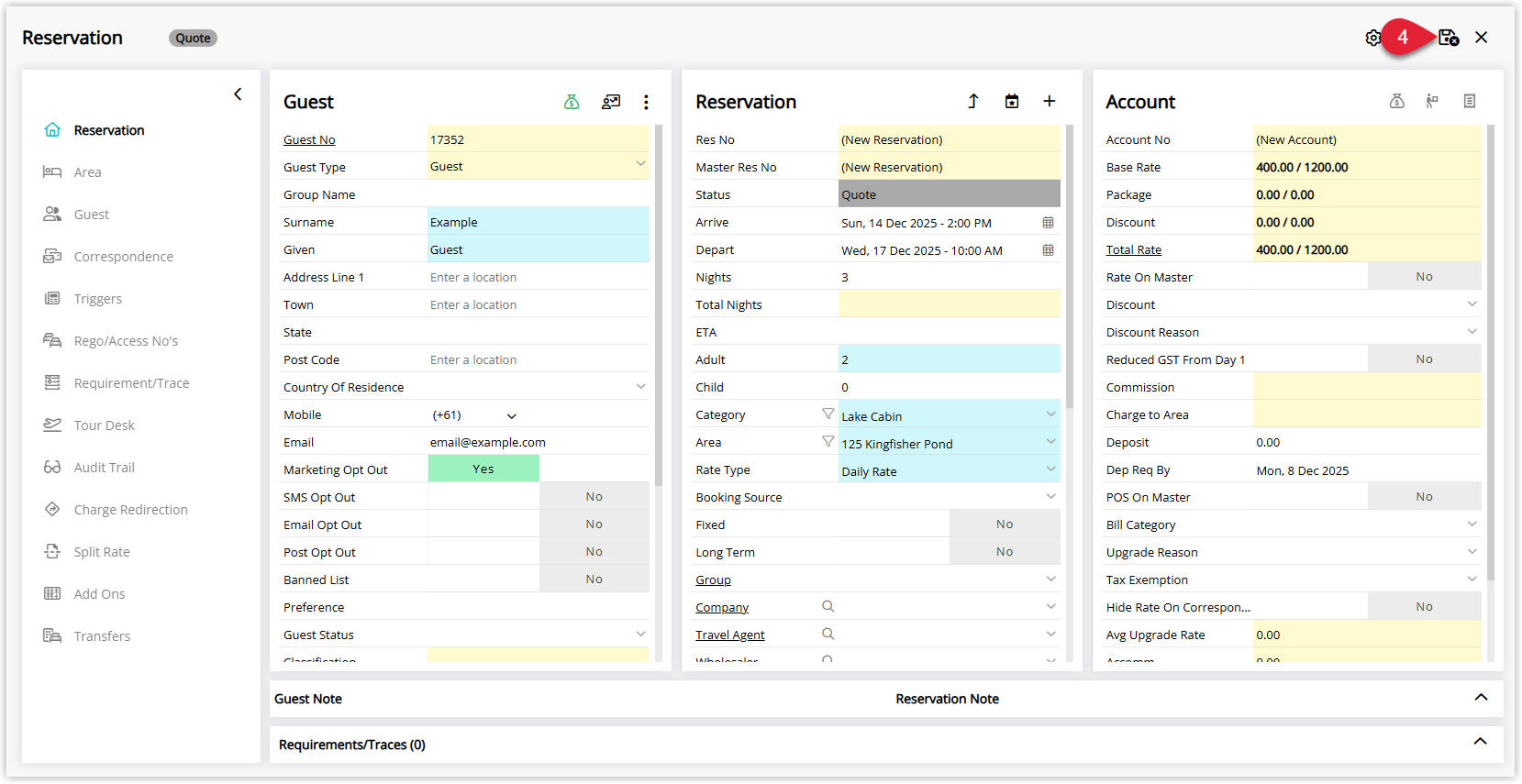 Reservation window in RMS after saving, displaying the reservation details with the Status field set to Quote and the Save/Exit button available to close the reservation
