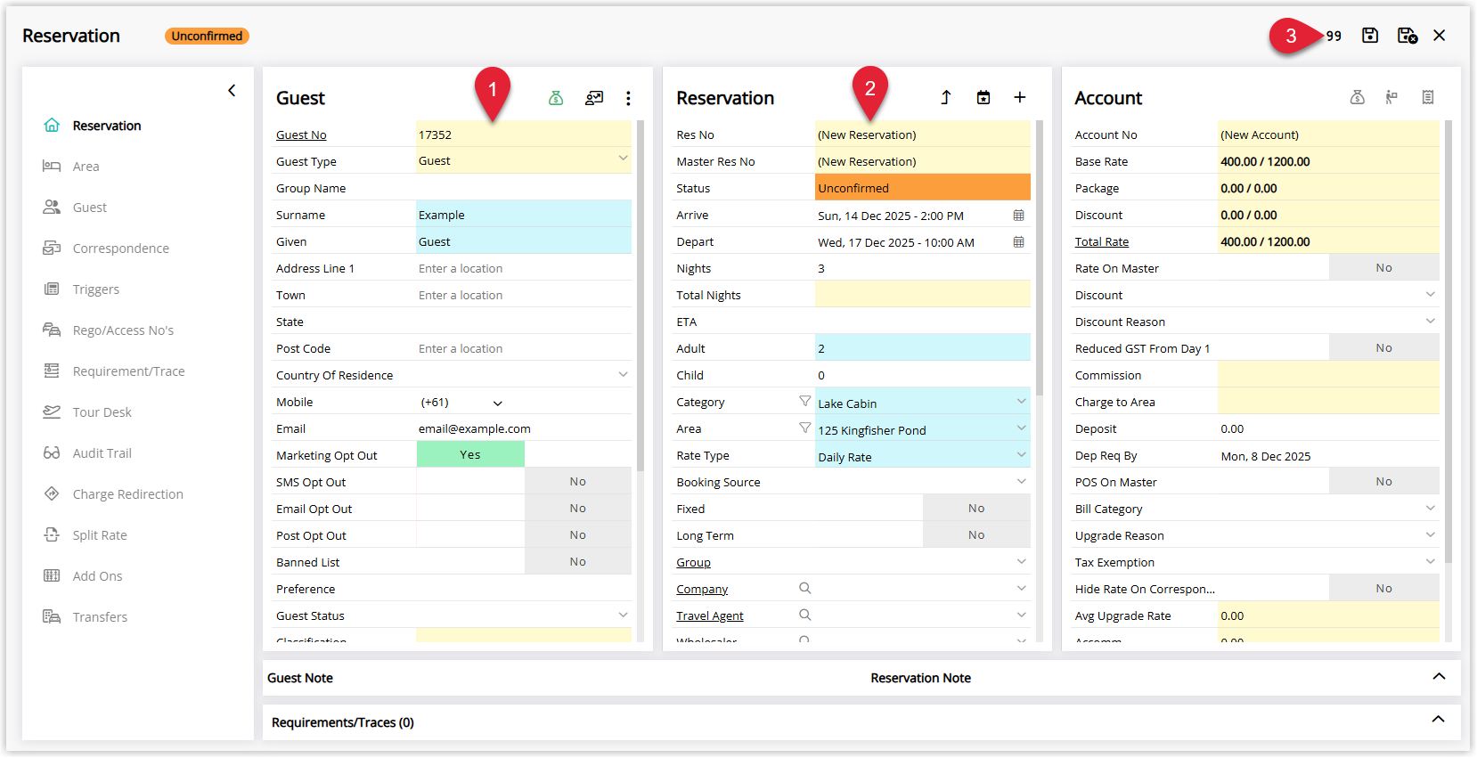 New Reservation screen in RMS with guest and reservation details completed, showing the Quote button highlighted instead of Confirm to set the reservation status as a quote