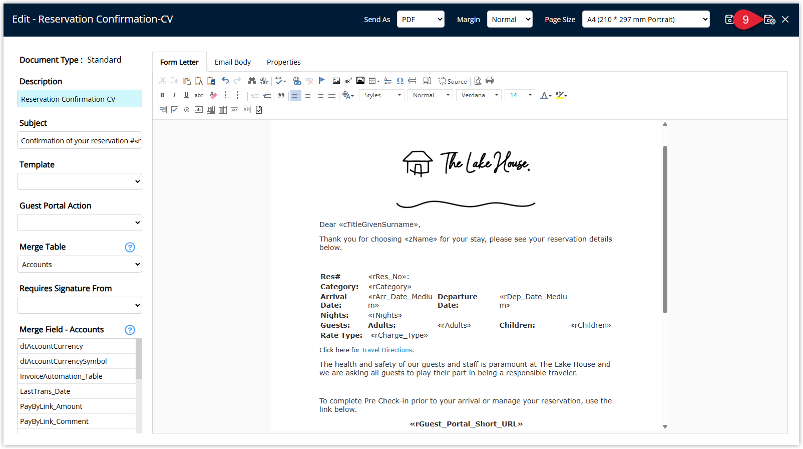 RMS Form Letter editor showing the newly hyperlinked text within the letter body and the Save/Exit button highlighted to save the updated template.