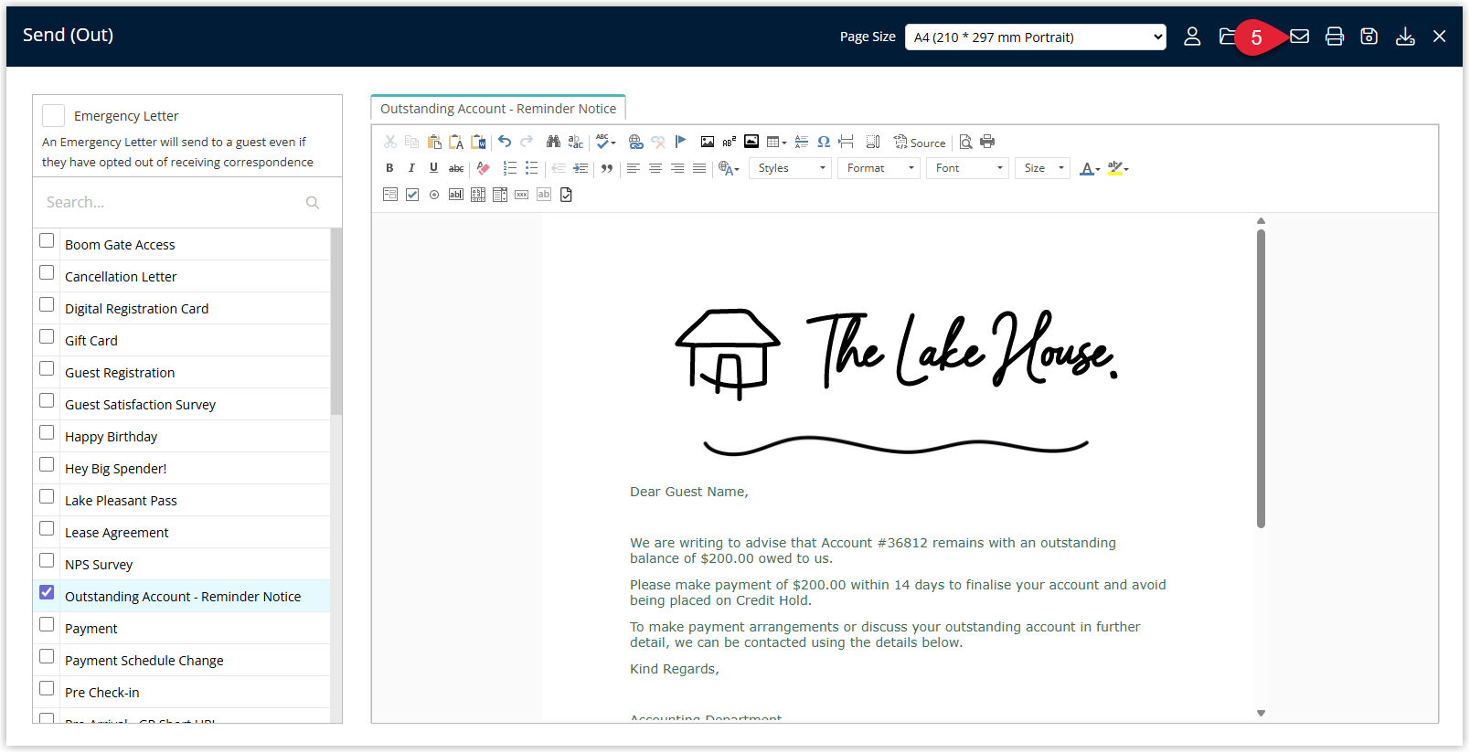 Form Letter preview window in RMS with the Email option selected to send the merged letter electronically.