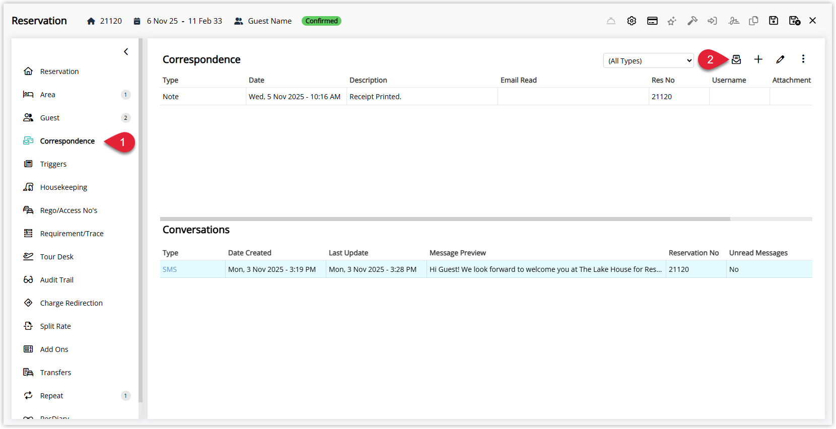 Reservation screen in RMS on the Correspondence tab with the Send Out button highlighted to create and send a Form Letter.