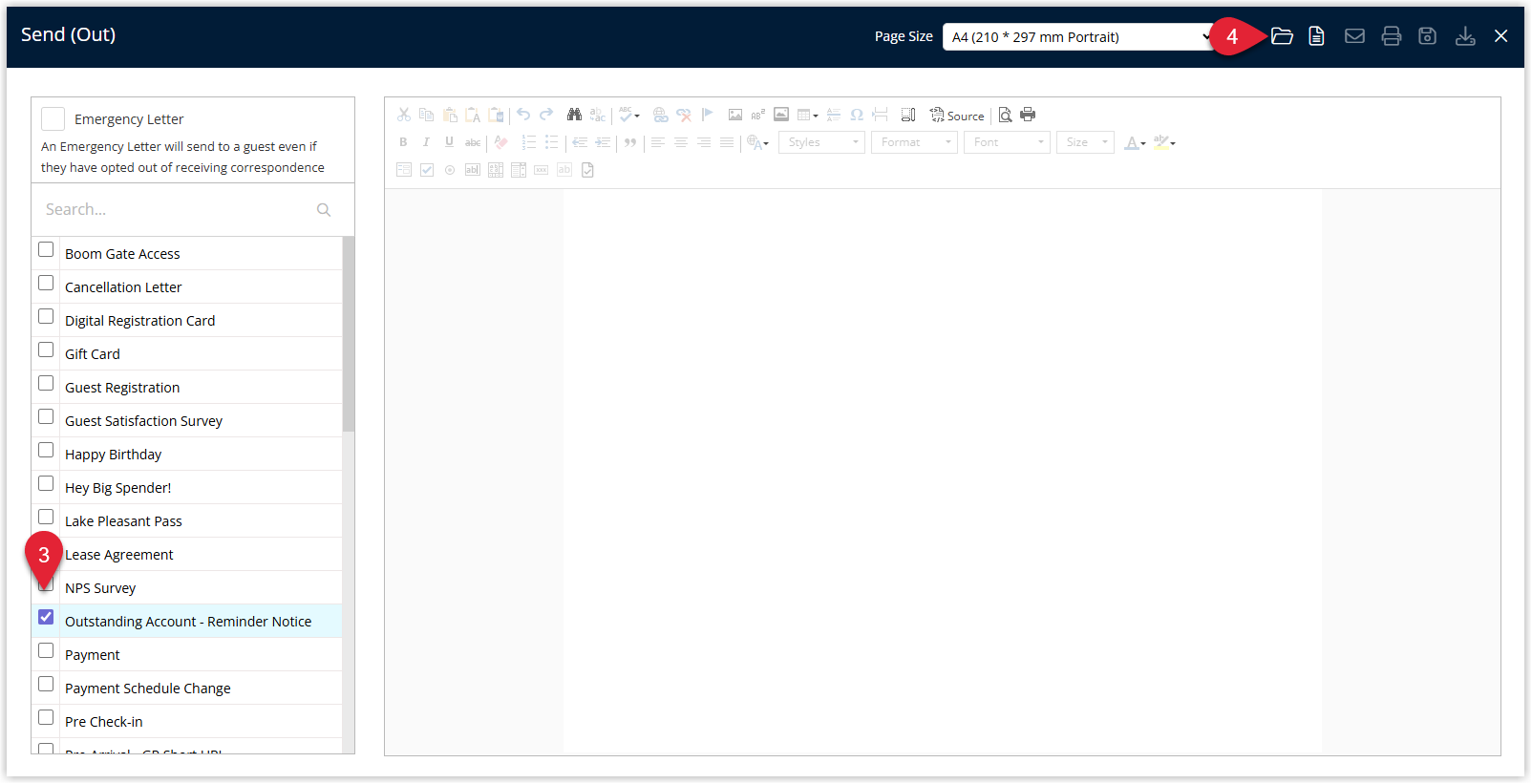 Send Out Correspondence window in RMS showing a list of available Form Letters with one selected and the Open button highlighted.
