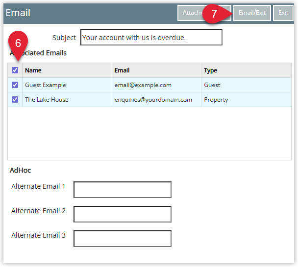 Email Correspondence window in RMS showing checkboxes for multiple Guests on the reservation, optional Alternate Email fields, and the Email/Exit button to send the Form Letter to all selected recipients.