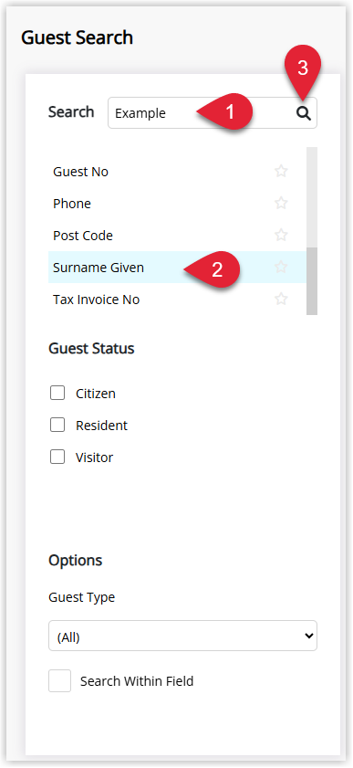 Annotated screenshot of the Guest Search panel in RMS highlighting the search box, the Surname Given search option and the search icon