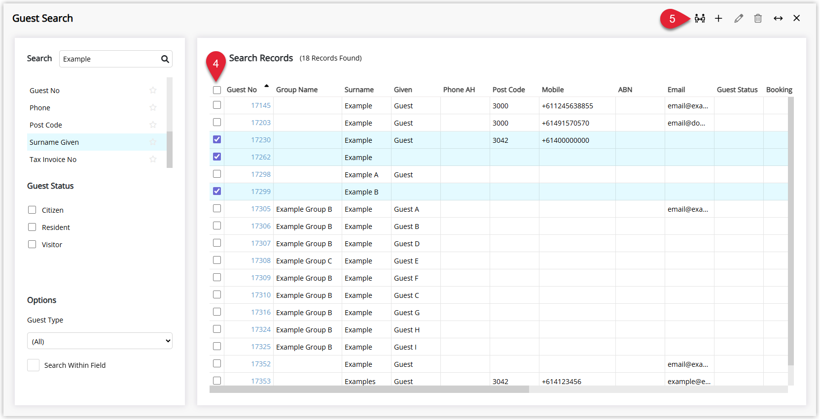 Annotated screenshot of the Guest Search screen in RMS highlighting the selected guest records and the merge profiles icon