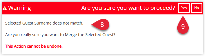 Annotated screenshot of the surname mismatch warning in RMS highlighting the warning message and the Yes button