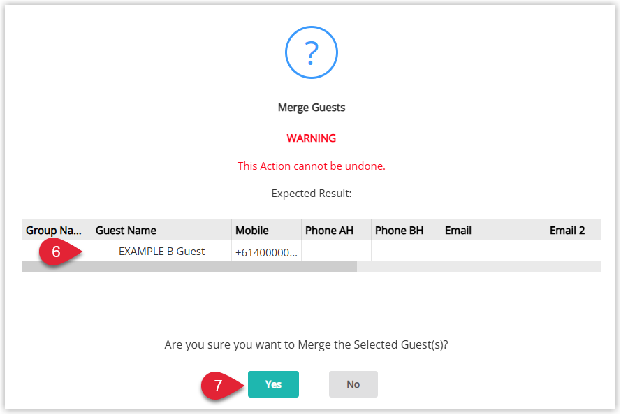 Annotated screenshot of the Merge Guests confirmation in RMS highlighting the expected merge result and the Yes button