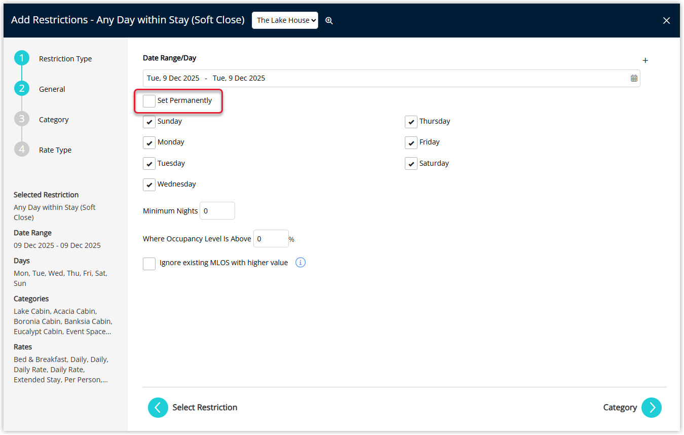 RMS Control Panel restrictions screen showing fields to choose property, date or date range, restriction type and other options, with the Set Permanently checkbox selected to apply the chosen restriction indefinitely until it is manually removed.