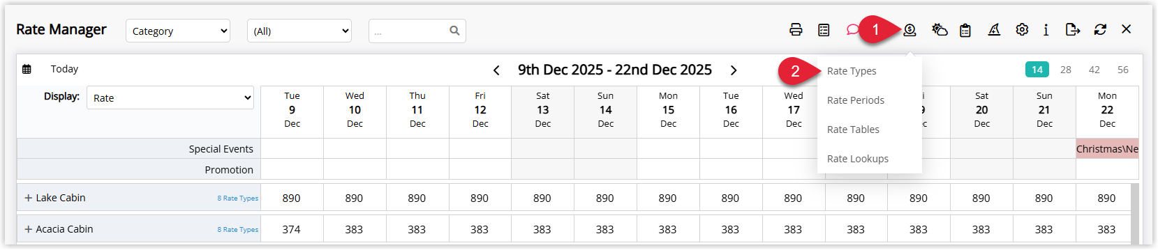 Screenshot of the Rate Manager screen in RMS with the Rates menu expanded and the Rate Types option selected to open the list of configured rate types.