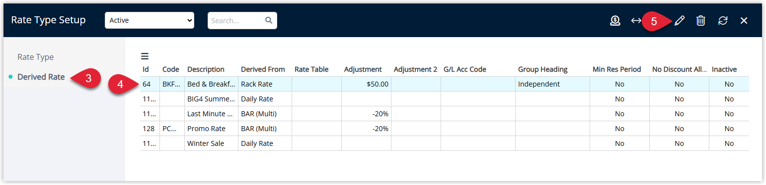 Screenshot of the Rate Types window in RMS with the Derived Rate tab selected, showing a list of derived rate types with one highlighted and the Edit button used to open its setup.