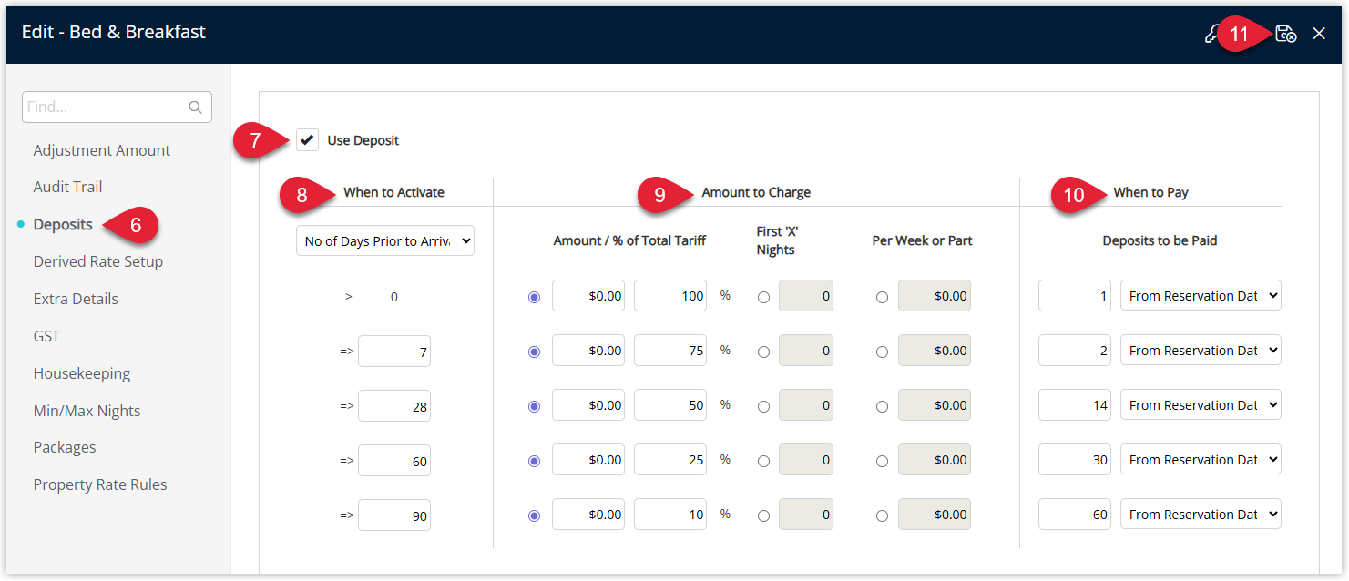Screenshot of a Derived Rate Type setup in RMS with the Deposits tab selected, showing the Use Deposit checkbox ticked, fields for When to Activate, Amount to Charge and Deposit Due rules populated, and the Save/Exit button highlighted to apply the deposit rule to the derived rate.