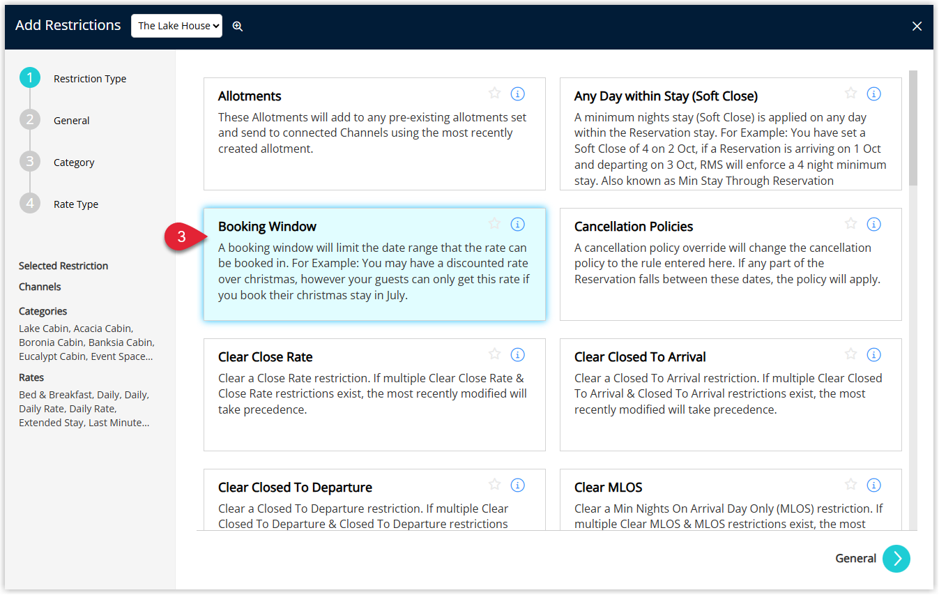 Screenshot of the New Restriction screen in RMS with Booking Window selected as the restriction type to control how far in advance bookings can be made.
