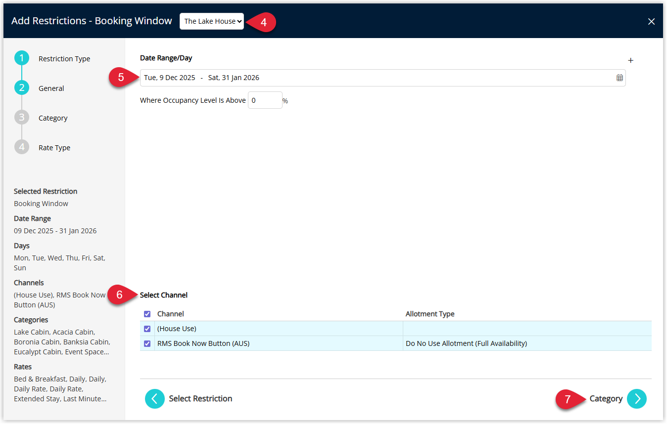 Screenshot of the Booking Window setup in RMS showing fields to select the effective date range and the number of days before arrival that reservations are allowed.