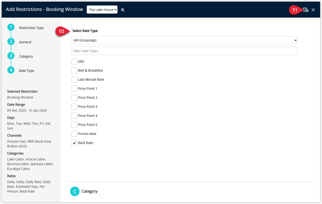 Screenshot of the Booking Window restriction configuration in RMS highlighting the Save/Exit button used to apply the new booking window settings to the Control Panel