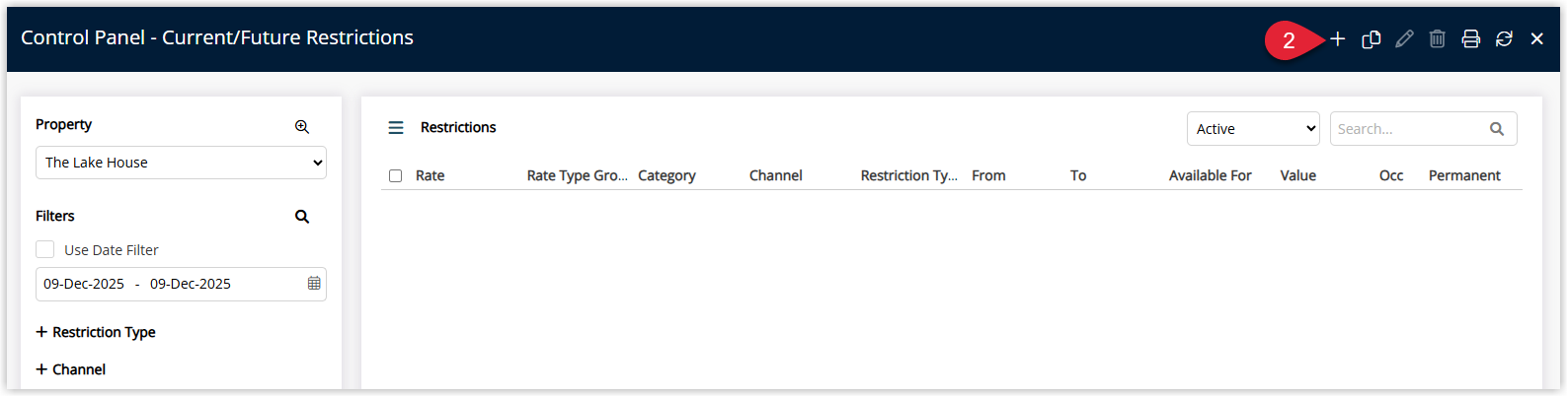Screenshot of the Control Panel in RMS showing the list of existing restrictions and the option to add a new restriction for the Booking Window.