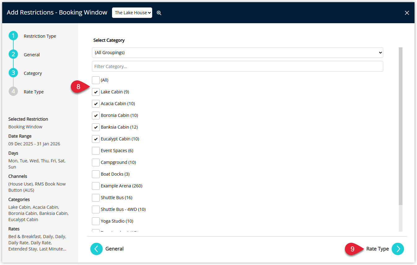 Screenshot of the Booking Window restriction setup in RMS showing category selection options to choose which room or site categories the restriction applies to.
