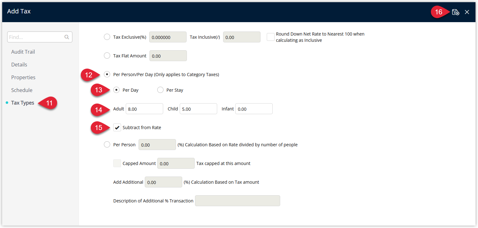 Screenshot of the Tax Types tab in RMS highlighting the Subtract from Rate option that removes the tax portion from the displayed rate instead of adding it on top.