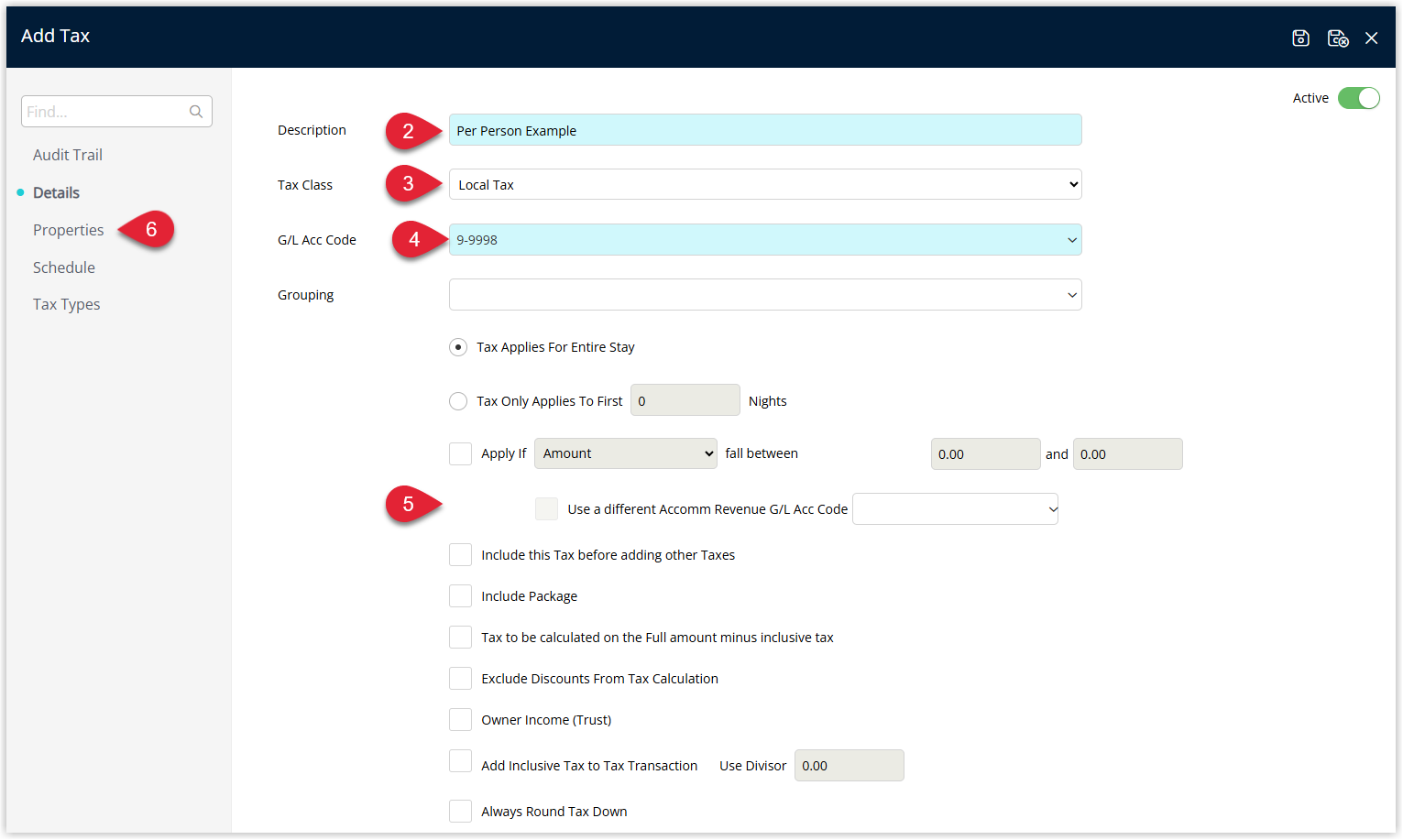 Screenshot of the Tax Properties tab in RMS showing options to configure the tax as Per Person and Per Day for each guest on the reservation.