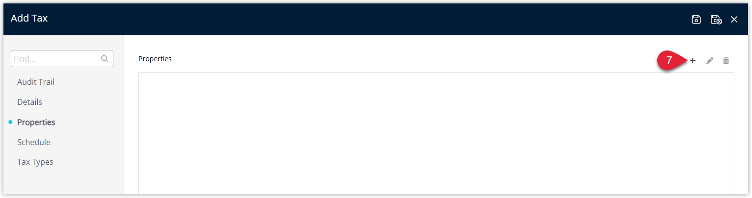 Screenshot of the Properties tab on the tax setup screen in RMS showing the Add button used to allocate the tax to selected properties.