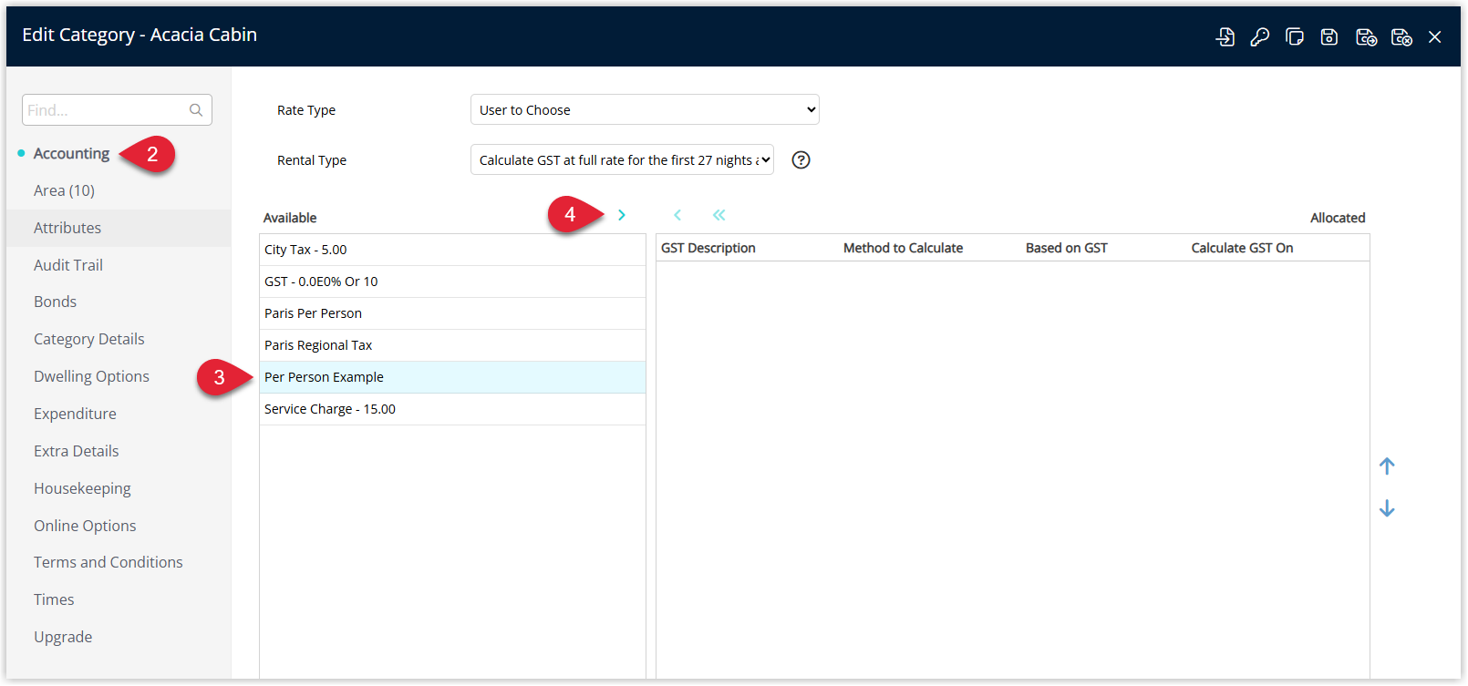 Screenshot of the Category tax allocation screen in RMS showing the selected per-person tax assigned to the chosen Category so it applies to reservations in that category.