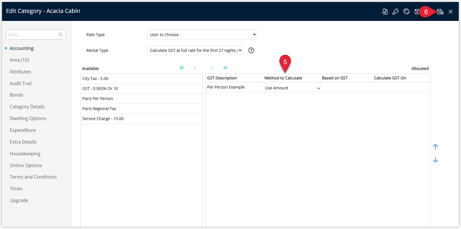 Screenshot of the tax Method selection options in RMS showing the calculation method configuration for how the per-person tax is applied to reservations.