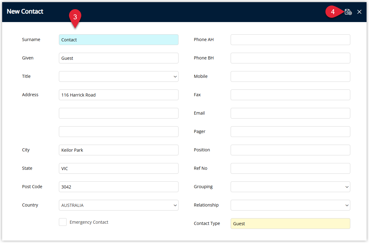 Contact details window in RMS displaying fields for contact name, phone, email and address, with options to tick Emergency Contact and select a Grouping and Relationship, and a Save/Exit button to add the contact to the Guest Profile