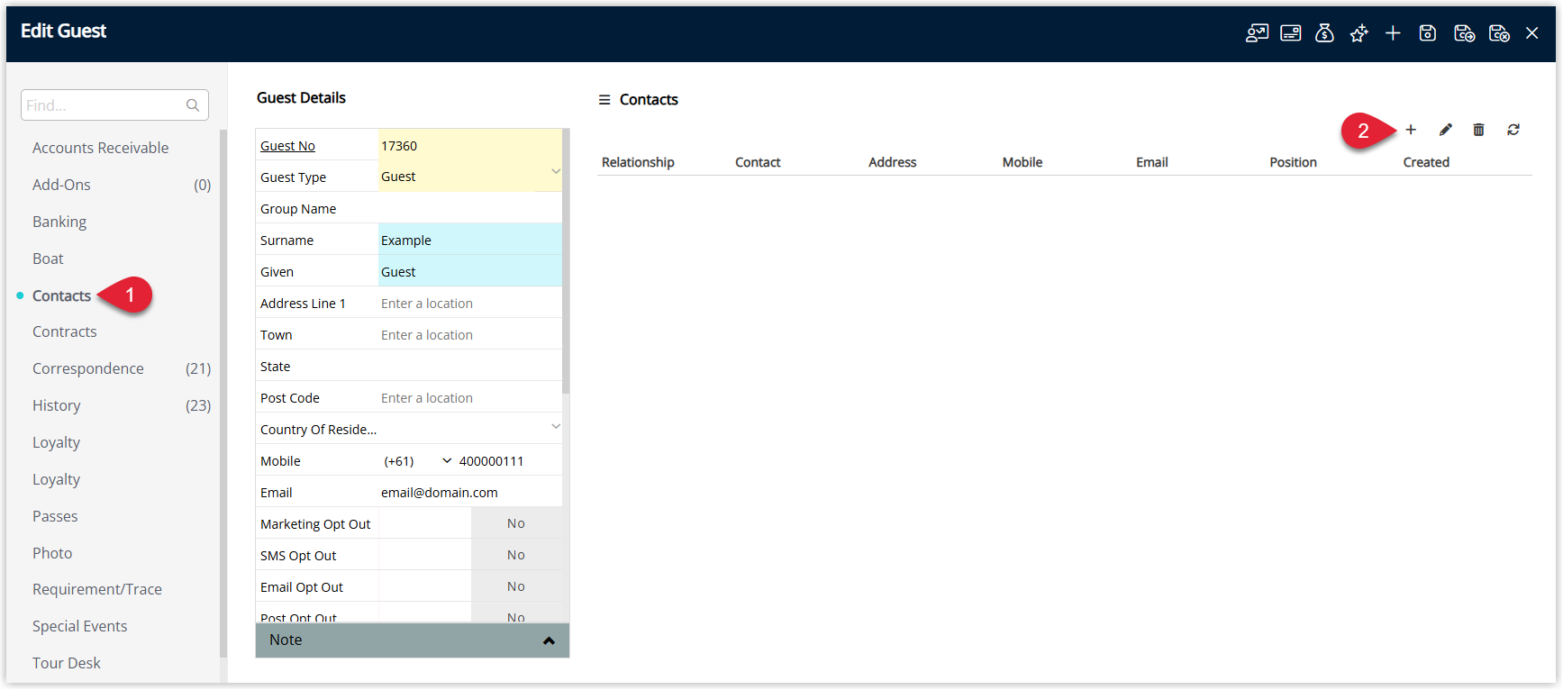 Guest Profile screen in RMS with the Contacts tab selected, showing an empty or existing list of contacts and the Add button highlighted to create a new guest contact
