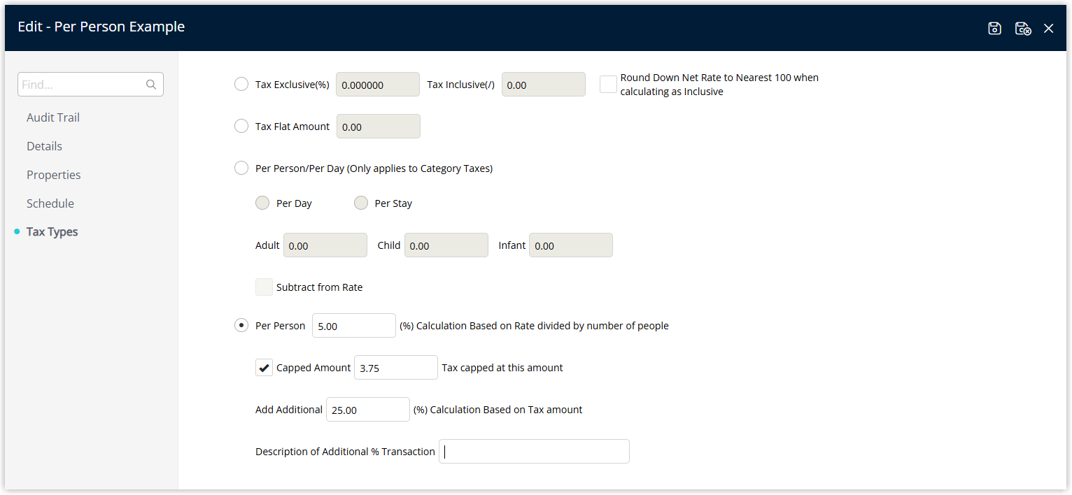 Tax setup screen in RMS showing a Per Person % tax configuration with percentage rate, optional capped amount per person per night and an additional tax calculated on the initial per person tax