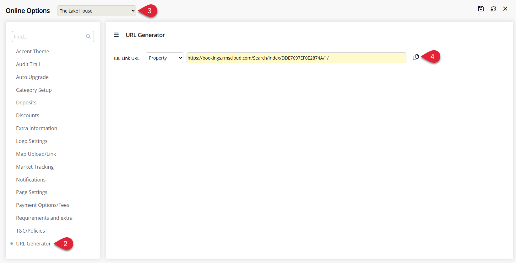RMS Online Options screen with the URL Generator tab selected, showing a Property or Enterprise option chosen, the encrypted RMS Booking Engine URL displayed in a read-only field, and the Copy IBE URL button highlighted to copy the secure booking link for website use.