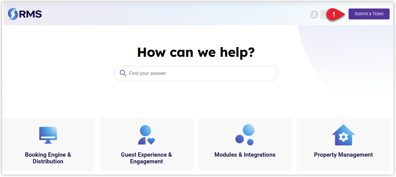 RMS Customer Support Portal home page showing the navigation header and a prominent Submit a Ticket button highlighted, ready for users to start logging a new support request.