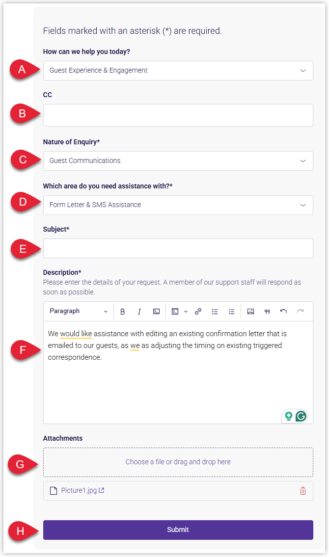 RMS Customer Support Portal Submit a Ticket form displaying fields for How can we help you today, CC email addresses, Nature of the Enquiry, area of assistance, Subject, detailed Description, and an Attachments section, with the Submit button highlighted to send the support request.