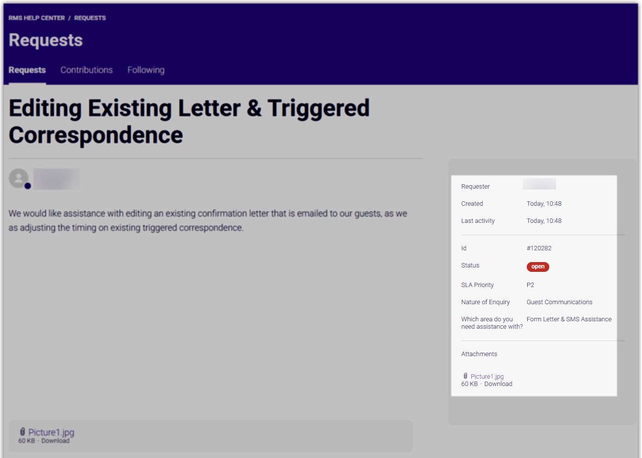 RMS Customer Support Portal ticket view showing the conversation thread on the left and a details panel on the right that includes the ticket ID number, status, creation date, and requester information.