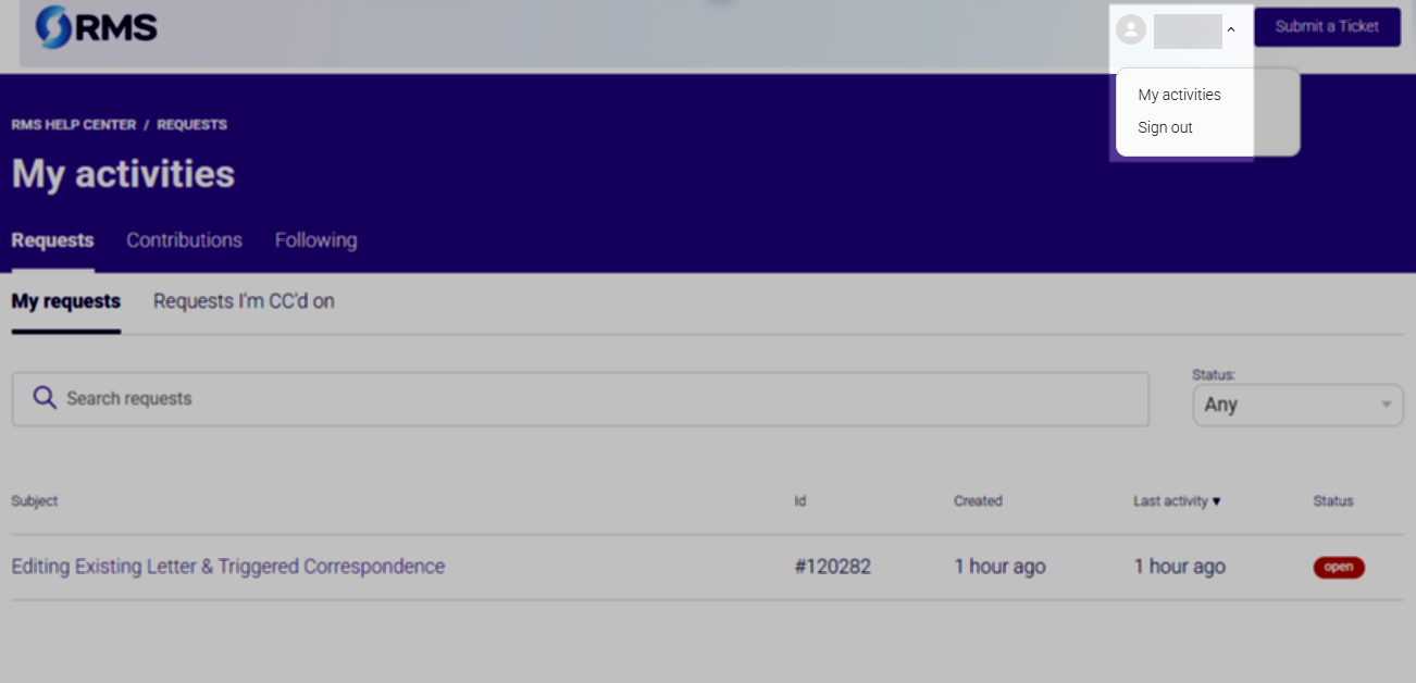 RMS Customer Support Portal My Activities page listing all current and past support tickets with columns for ticket ID, subject, status, and last updated date, accessible from the username menu.