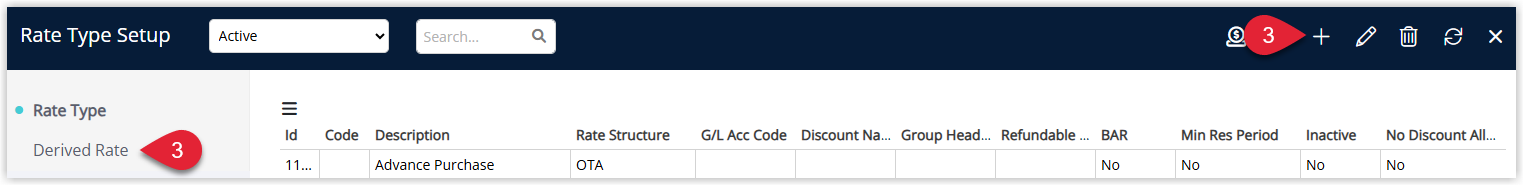 Tariff Types screen in RMS on the Derived Tariffs tab, showing a list of existing derived tariffs and the Add button to create a new derived rate for a BIG4 deal.