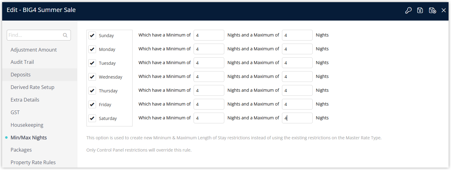 Minimum/Maximum Nights settings window for the derived BIG4 deal in RMS, with the minimum nights set to 4, all days of the week ticked, and the Save button highlighted.