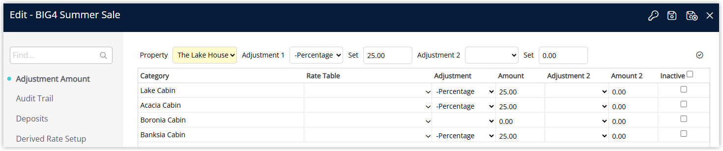 Adjustment Amounts screen for the derived BIG4 deal in RMS showing a list of Categories with adjustment values entered for applicable categories and unused categories marked as Inactive.