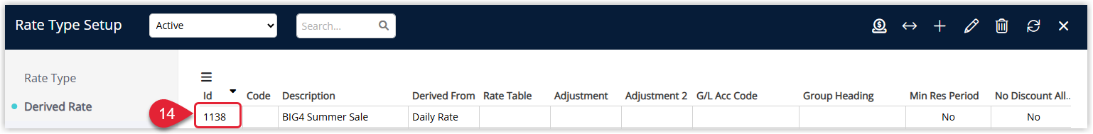 Tariff Types list in RMS showing the newly created BIG4 deal derived tariff with its Tariff ID (for example, 1138) highlighted for use in channel mapping.